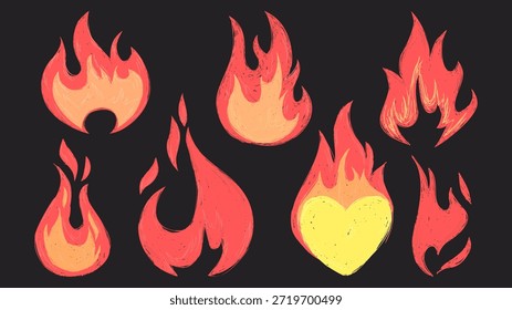 Grunge Flammendoodle-Symbole mit rauer Textur auf dunklem Hintergrund - handgezeichnete Feuerformen in roten und gelben Farben. Skizze Buntstift Flammen - Retro-Grafik-Elemente für trendige Design-Projekte.