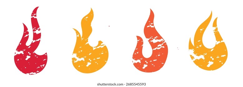 Iconos de llama Grunge en rojo y naranja. Colección de cinco íconos de llama afligidos en tonos rojos, naranjas y amarillos, aislados sobre fondo blanco, perfecto para Elementos de diseño. Icono de llama de fuego. 