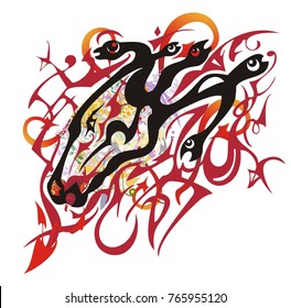 Grunge flaming horse head with snakes. Tribal creative mystic horse head, at which instead of a mane coiling snakes with colorful twirled ornate elements