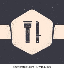 Grunge Flashlight and knife icon isolated on grey background. Monochrome vintage drawing. Vector Illustration