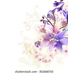 Grunge floral background with blue bells and some pink flowers