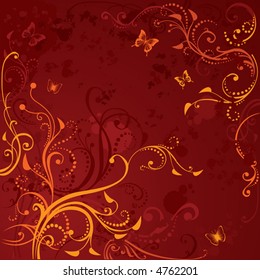 Grunge floral background with butterflies, vector illustration