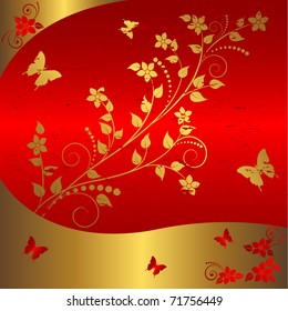 Grunge floral background with butterflies. Vector.