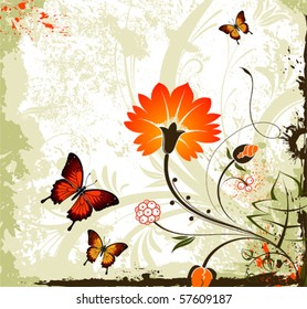 Grunge floral background with butterfly, element for design, vector illustration