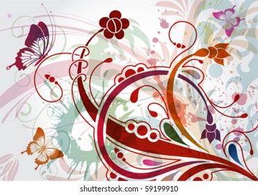 Grunge floral background with butterfly, element for design, vector illustration