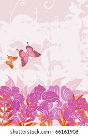 Grunge floral background with butterfly (no transparency), element for design, vector illustration
