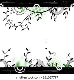 Grunge floral background with concentric circles. Abstract vector illustration.