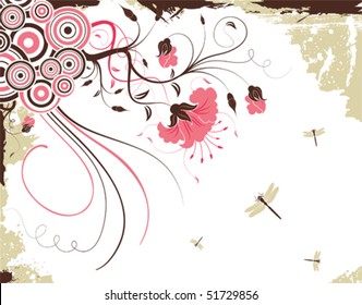 Grunge floral background with dragonfly, element for design, vector illustration