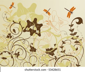 Grunge floral background with dragonfly, element for design, vector illustration