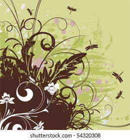 Grunge floral background with dragonfly, element for design, vector illustration