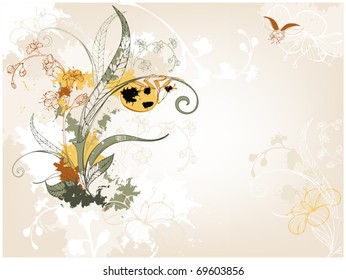 Grunge floral background with ladybugs