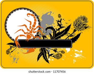 Grunge floral background with scorpion, vector illustration.