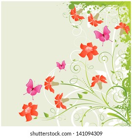 Grunge floral corner background with flowers and butterflies