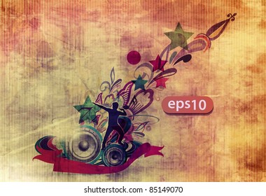 grunge floral with dancing boy on the texture background, vector illustration