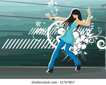 grunge floral with dancing girl on the background, vector