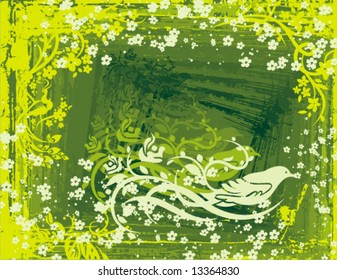 Grunge floral design with a bird, vector illustration series.