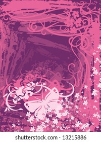 Grunge floral design with a butterfly, vector illustration series.