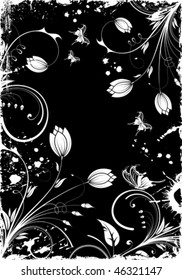 Grunge Floral Frame with butterfly for design, vector illustration