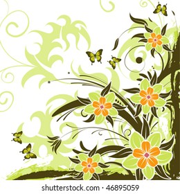 Grunge floral frame with butterfly, element for design, vector illustration