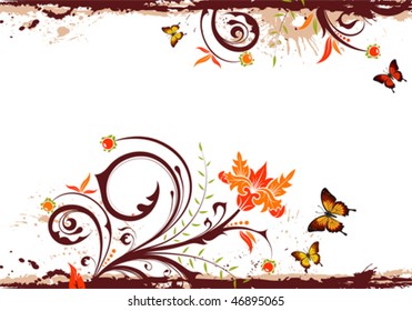 Grunge floral frame with butterfly, element for design, vector illustration