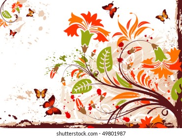 Grunge floral frame with butterfly, element for design, vector illustration