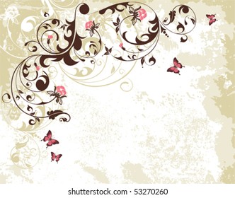 Grunge floral frame with butterfly, element for design, vector illustration.