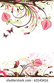 Grunge floral frame with butterfly, element for design, vector illustration