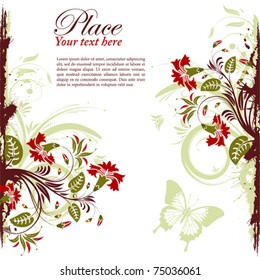 Grunge floral frame with butterfly, element for design, vector illustration