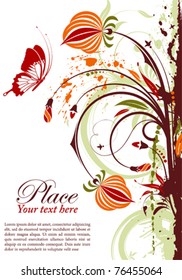 Grunge floral frame with butterfly, element for design, vector illustration