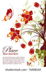 Grunge floral frame with butterfly, element for design, vector illustration