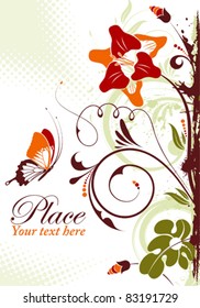 Grunge floral frame with butterfly, element for design, vector illustration
