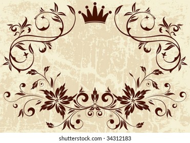 Grunge Floral frame with Crown, vector illustration