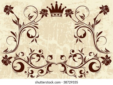 Grunge Floral frame with Crown, vector illustration