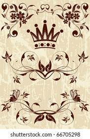 Grunge Floral frame with Crown, vector illustration