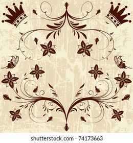 Grunge Floral frame with Crown, vector illustration