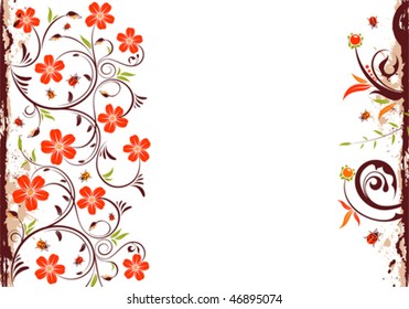 Grunge floral frame with ladybug, element for design, vector illustration