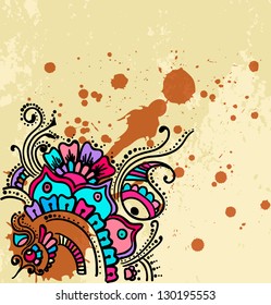 Grunge floral  hand-drawn pattern, Indian style.