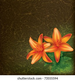 grunge floral illustration with orange flowers on brown