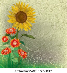 grunge floral illustration with sunflower and red flowers