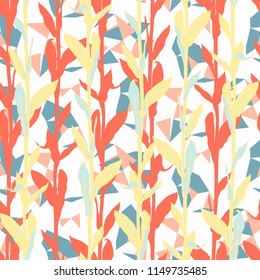 Grunge floral pattern with leaves shapes and geometric motif. Seamless vector pattern in fall autumn color. Autumn leaves background with silhouettes. Vintage grunge print with leaf for fall textile