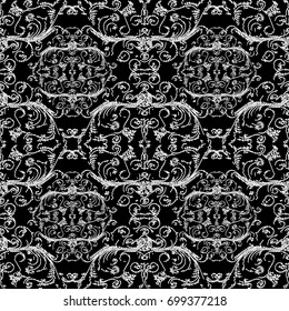 Grunge floral seamless pattern. Tapestry black background with white arras vintage  flowers, doodle leaves and antique damask ornaments in Embroidery style. Vector isolated texture for fabric, prints