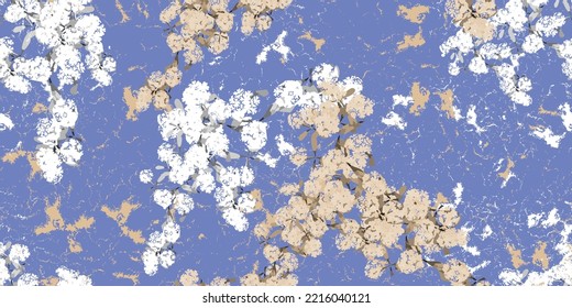 Grunge floral seamless pattern vector type. Beautiful white decoration drawing on blue background for fashion style, fabric, textile, and prints