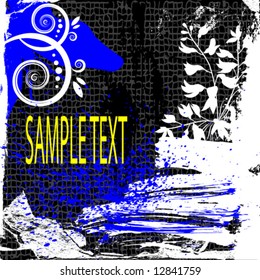 Grunge floral vector design. Black and blue.