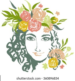 Grunge floral vector girl portrait with hand drawn flowers. Art for prints, clothing, souvenirs and etc.