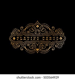 Grunge flourishes ornament label template with playing card suit symbols in linear style. Vector illustration.