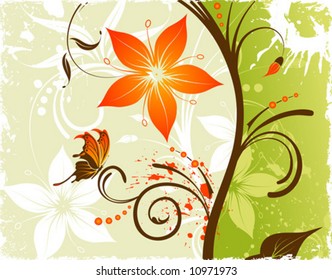 Grunge flower background with butterfly, element for design, vector illustration