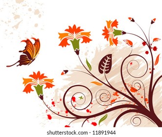 Grunge flower background with butterfly, element for design, vector illustration
