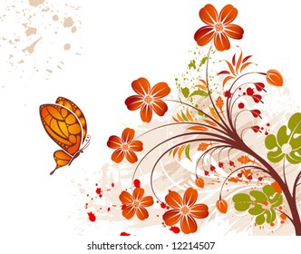 Grunge flower background with butterfly, element for design, vector illustration