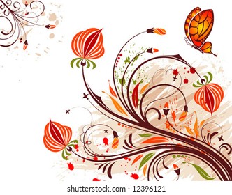 Grunge flower background with butterfly, element for design, vector illustration