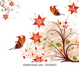 Grunge flower background with butterfly, element for design, vector illustration